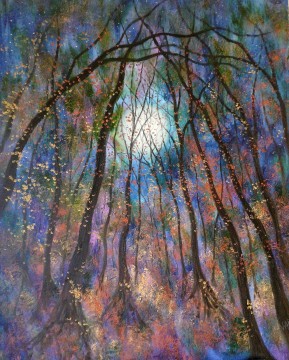 Landscapes Painting - Copper leaves fall trees blue moon and fireflies garden decor scenery wall art nature landscape